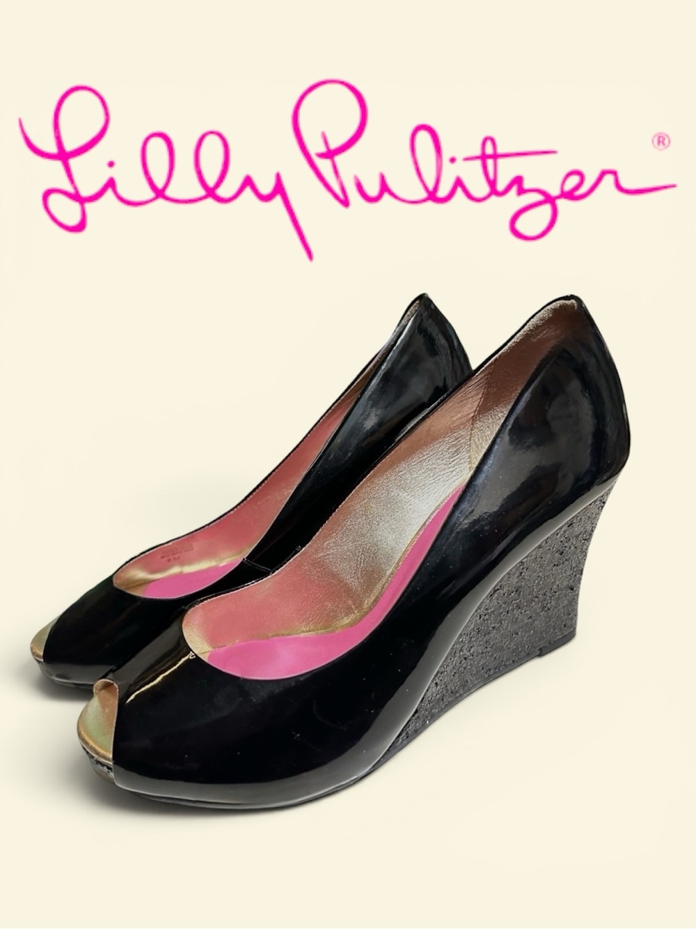 Lilly Pulitzer • Resort Chic Black Patent Leather Glitter Wedges || Size 8